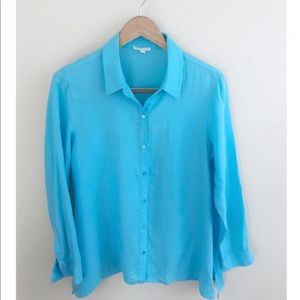 Eileen Fisher Teal Irish Linen Button Down Top